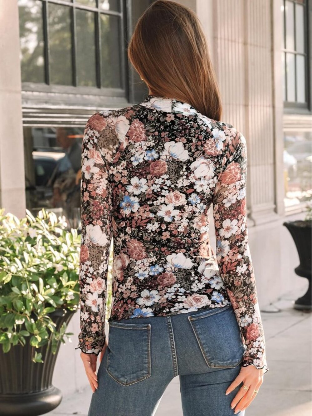 Trendy Lace Sheer Floral Mockneck Top - Women’s Fall Fashion Essential 2026 - Picture 4 of 6